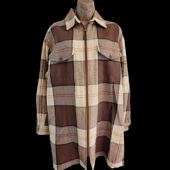 Lauren Ralph Lauren  Plaid Flannel Long Shacket Brown/Beige Front Zipper - Picture 4 of 16